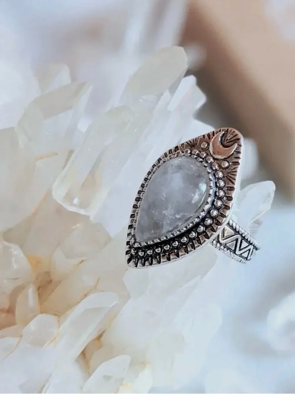 Clear Quartz Boho Silver Adjustable Ring